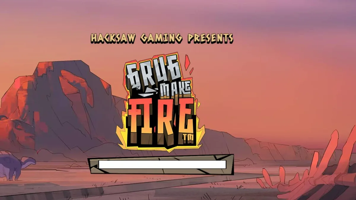 Grug Make Fire slot game by Hacksaw Gaming featuring a menacing caveman, burning wilds, and prehistoric creatures.